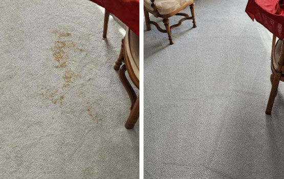 Collage of before and after cleaning Water damaged Carpet