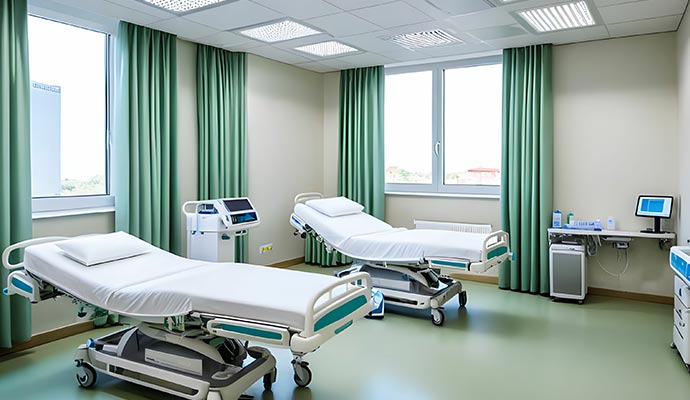 clean white tiled hospital room floor with two beds