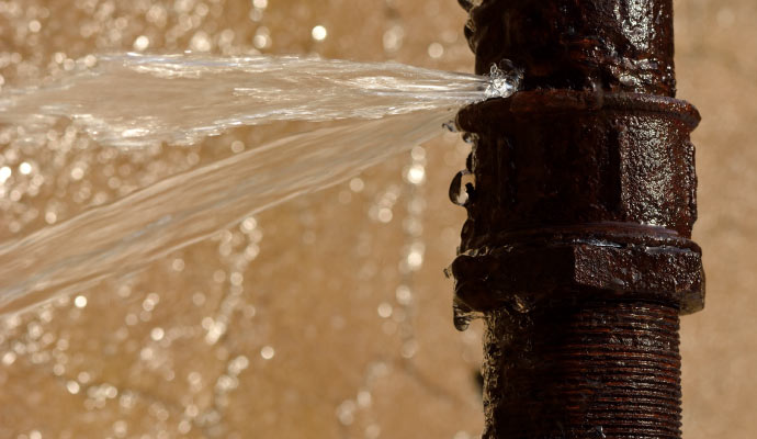 Water leaking out of a broken water pipe