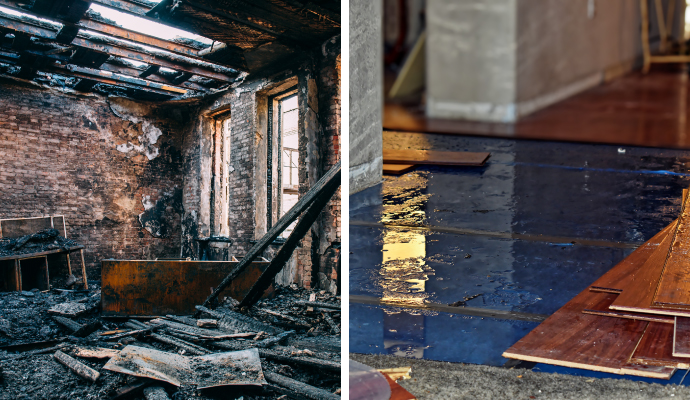 collage of fire and water damaged property