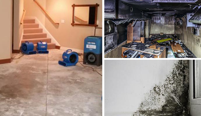 collage of water, fire and mold damage