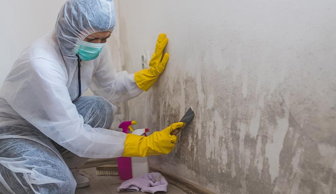 a professional worker cleaning mold from the wall with brush