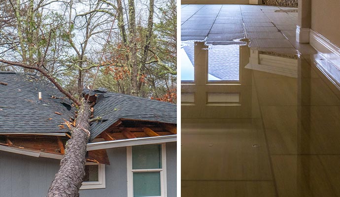 collage of a large fallen tree on the roof and flooded floor.