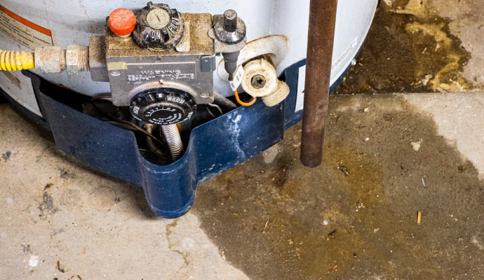 Close-up view of a leaking water heater