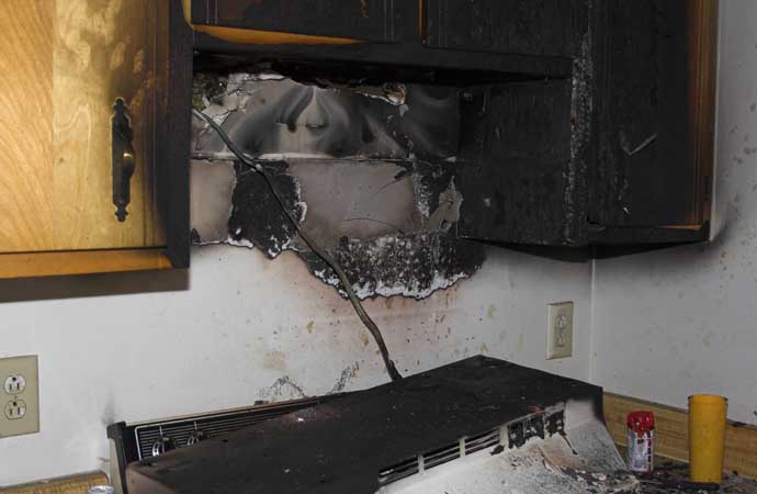 Fire and smoke damaged kitchen