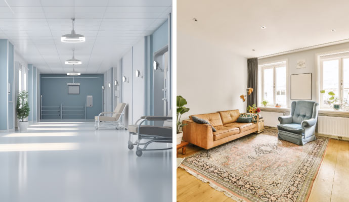 A collage of hospital and apartment interior