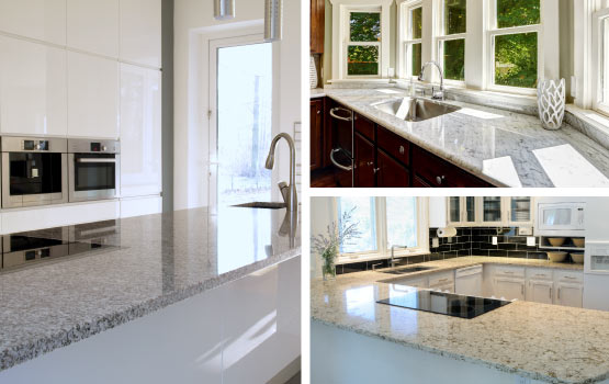 collage of marble, quartz, laminate countertops