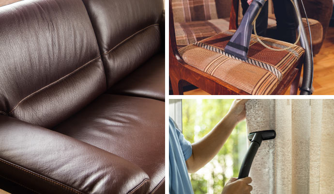 collage of leather sofa, chair, drapery cleaning